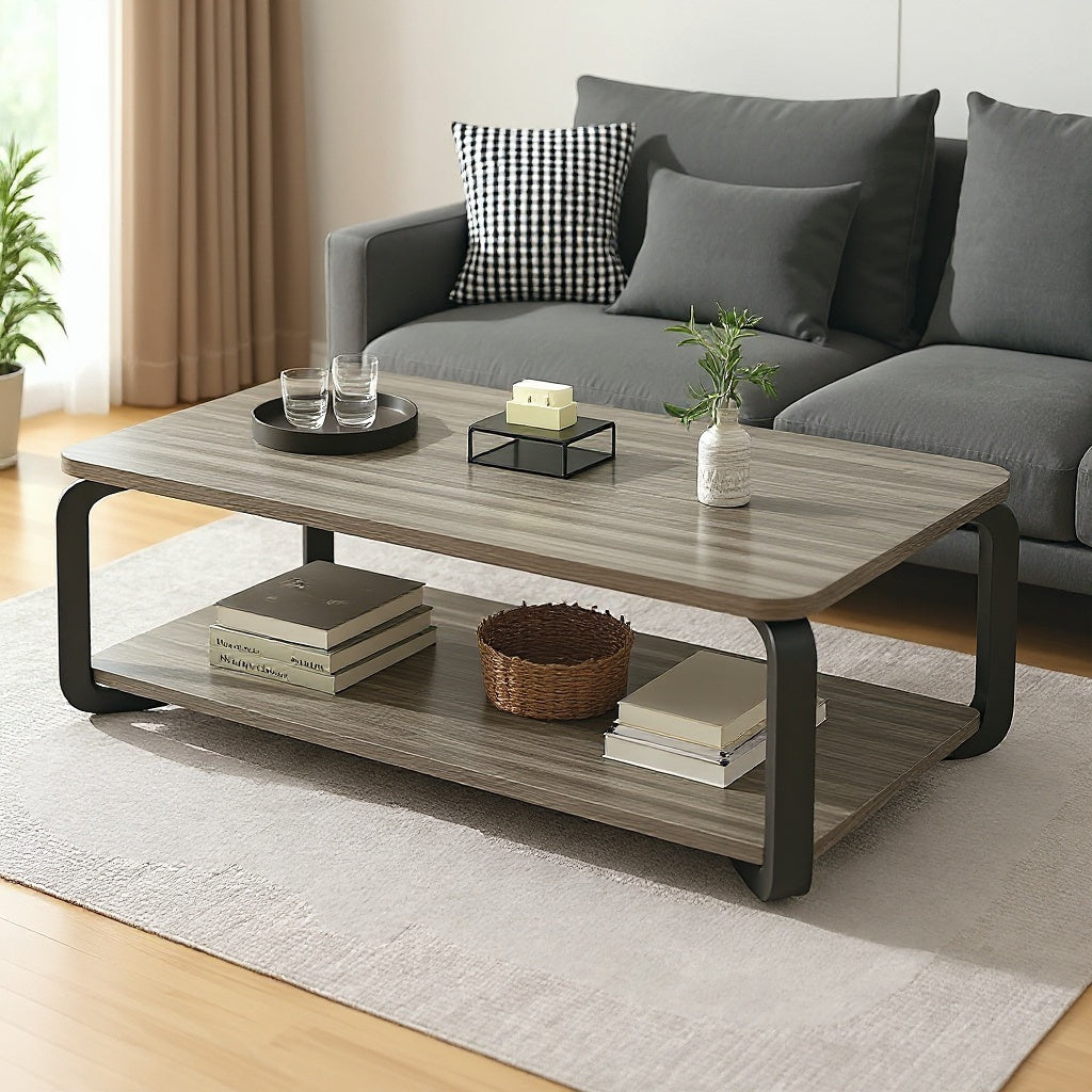 Modern Rectangular Coffee Table with Storage Shelf – Walnut Finish, 39.37
