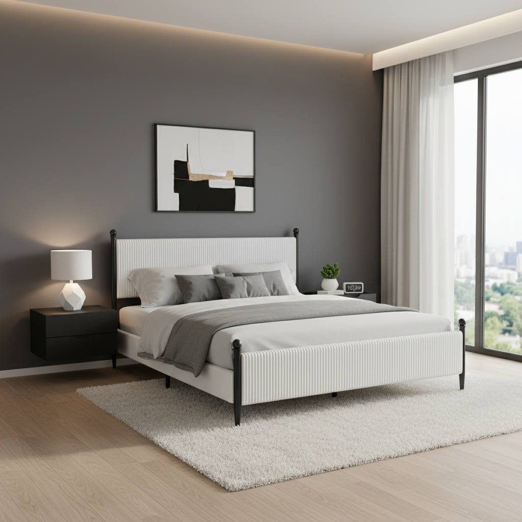 Modern Upholstered Platform Bed with Vertical Channel Headboard