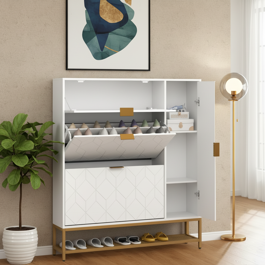 Modern Shoe Cabinet with Geometric Design and Multiple Storage Compartments
