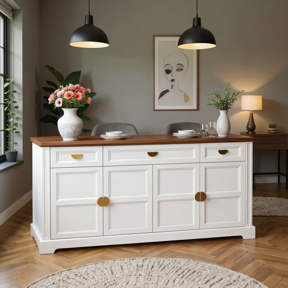 Modern Sideboard Buffet Cabinet with 3 Drawers and 4 Doors, White/Green Finish, Wooden Top Storage Cabinet for Dining Room, Kitchen, or Living Room