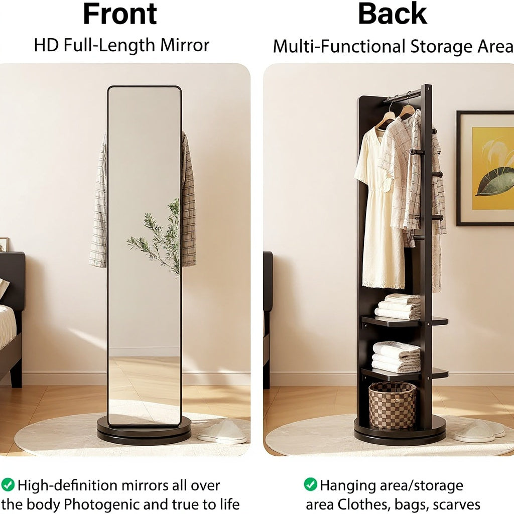 Full-Length Swivel Mirror with Storage – 360° Rotating Organizer