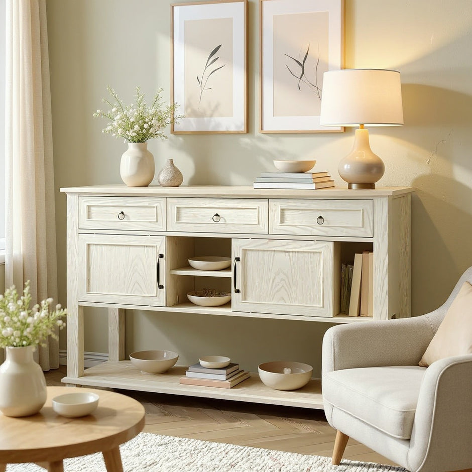 Rustic Farmhouse Sideboard Buffet Cabinet with Drawers and Open Shelf – Solid Wood Storage Console