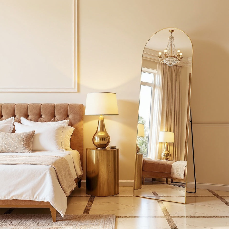 Arched Full Length Mirror – Black & Gold, Wall Mounted / Free Standing