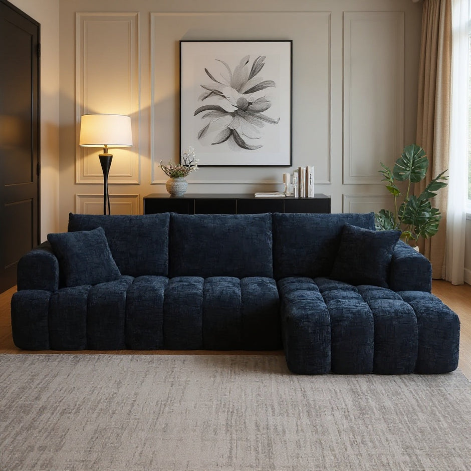Modern Deep Seat L-Shaped Sectional Sofa with Chaise – Navy Blue