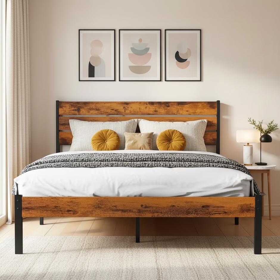 Rustic Wooden Bed Frame with Headboard – Queen Size