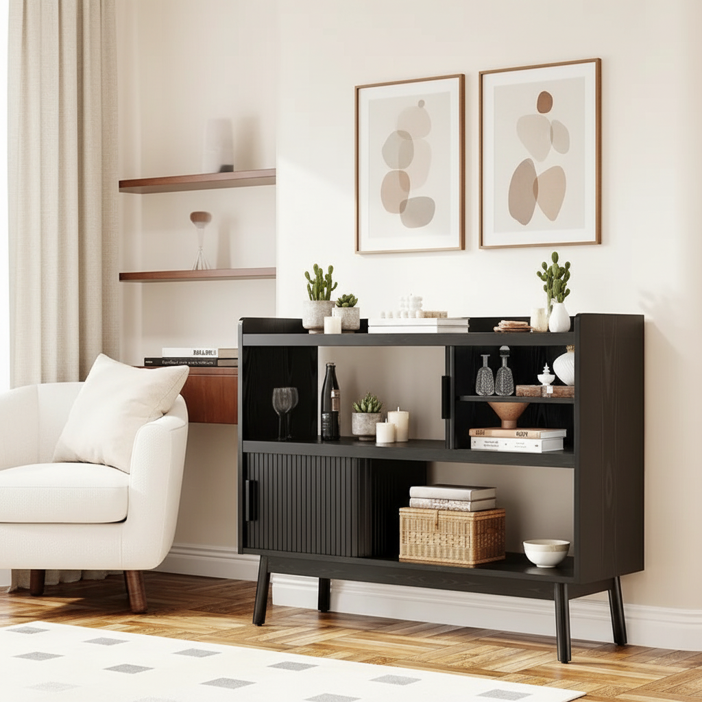 Modern Storage Cabinet with Sliding Doors – Black or Walnut