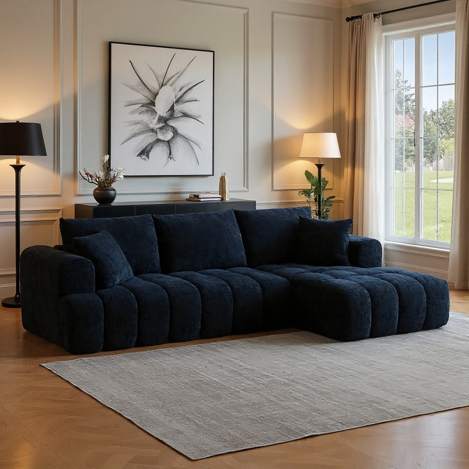 Modern Deep Seat L-Shaped Sectional Sofa with Chaise – Navy Blue