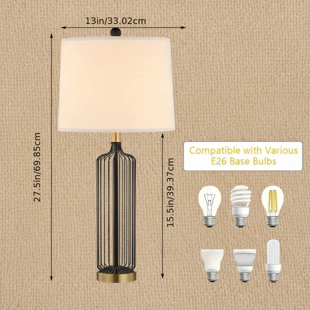 Set of 2 Modern Black Metal Cage Table Lamps with White Drum Shade – 27.5
