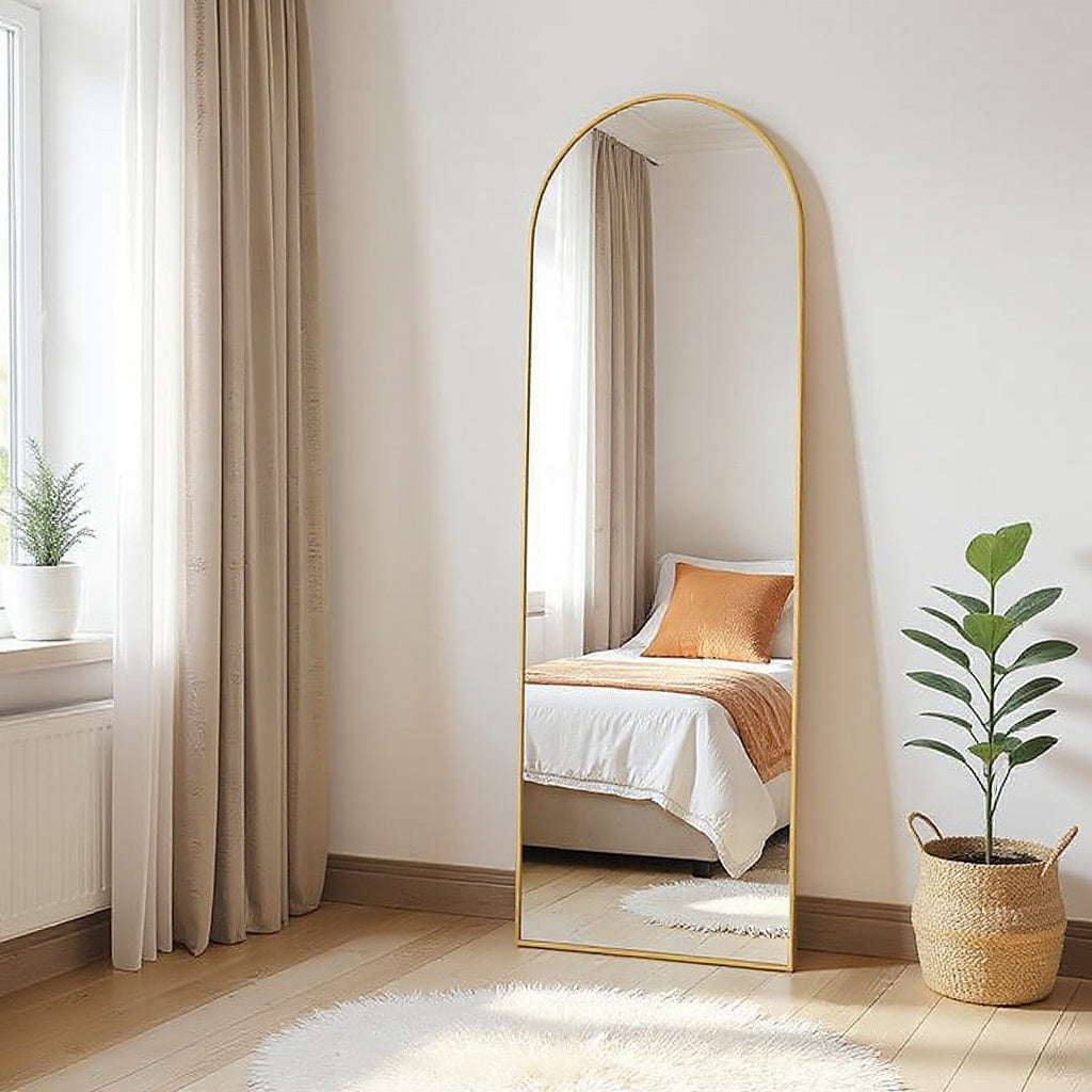 Arched Full Length Mirror – Black & Gold, Wall Mounted / Free Standing