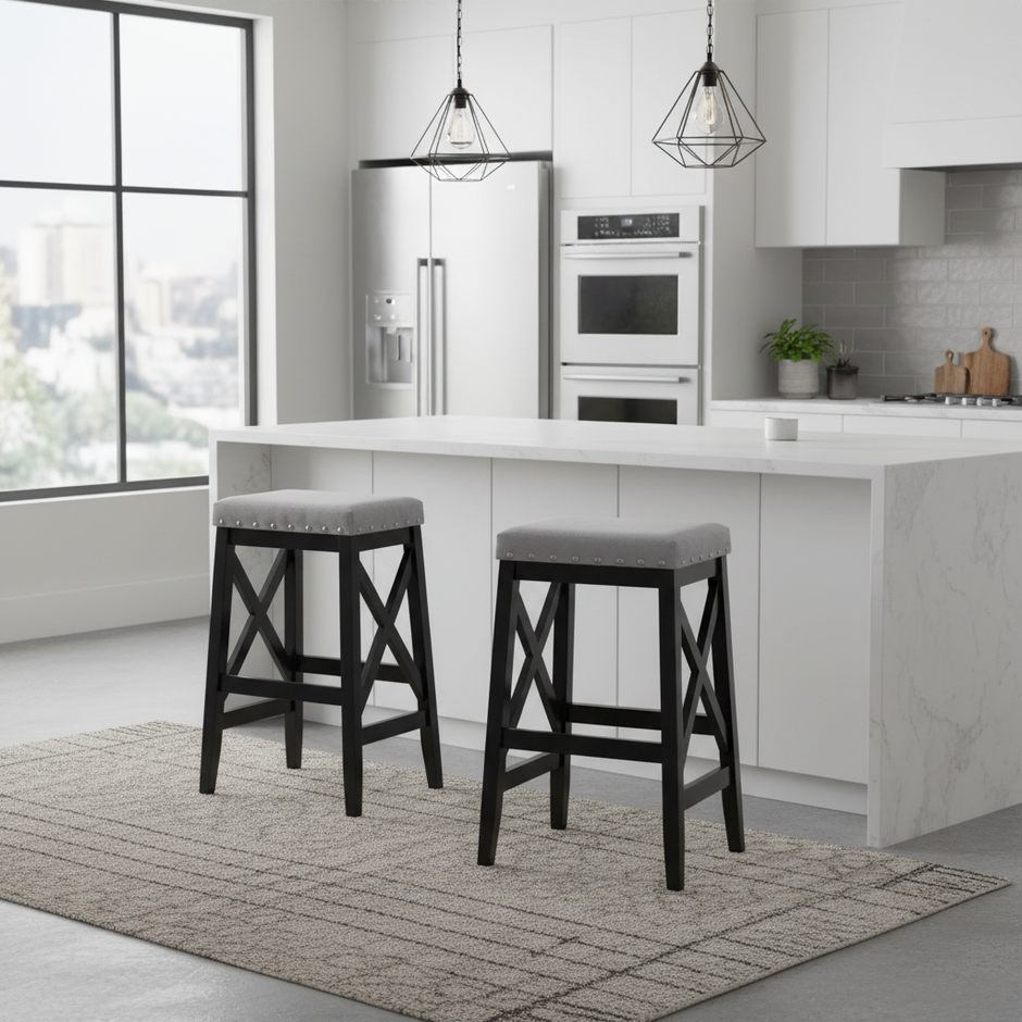 Set of 2 Upholstered Bar Stools with Nailhead Trim and Wooden Cross Back Legs – CozyVianno