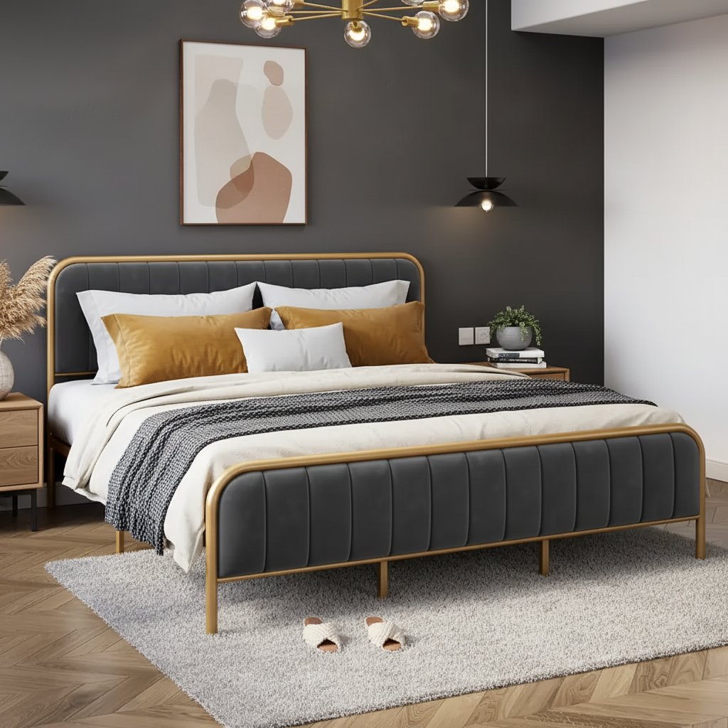 Modern Gray Upholstered Bed Frame with Gold Metal – King Size