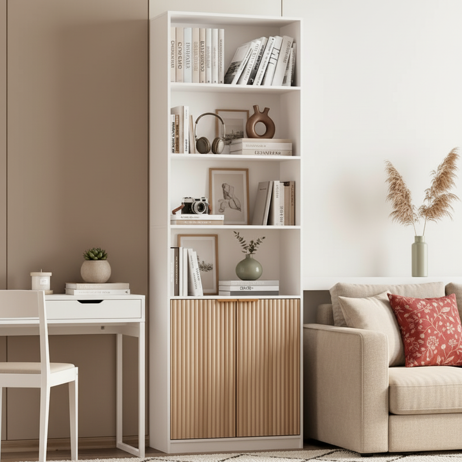 Tall Modern Storage Cabinet with Open Shelves and Slatted Doors – 72