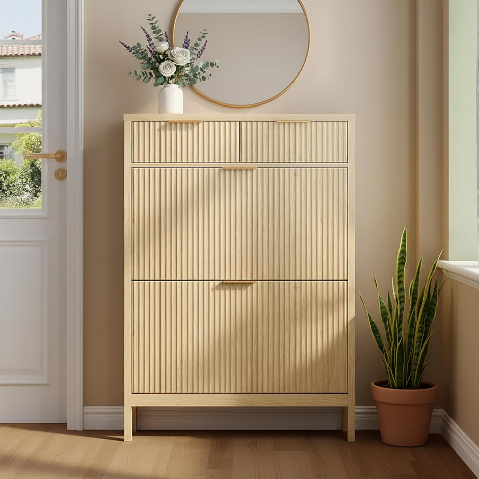 Modern Wooden Shoe Cabinet with Drawers and Tilt-Out Storage – Natural Oak Finish