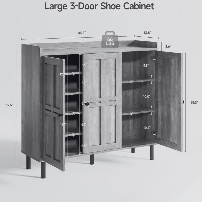 Large Rustic Gray 3-Door Shoe Cabinet with Adjustable Shelves
