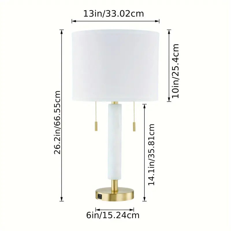 Set of 2 White Marble-Style Table Lamps with Dual Pull Chains & USB Port – 26.2