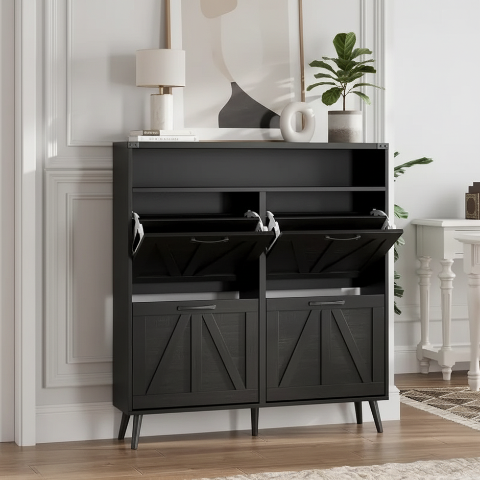 Modern 4-Compartment Tilt-Out Shoe Cabinet with Open Shelf – Multiple Finishes