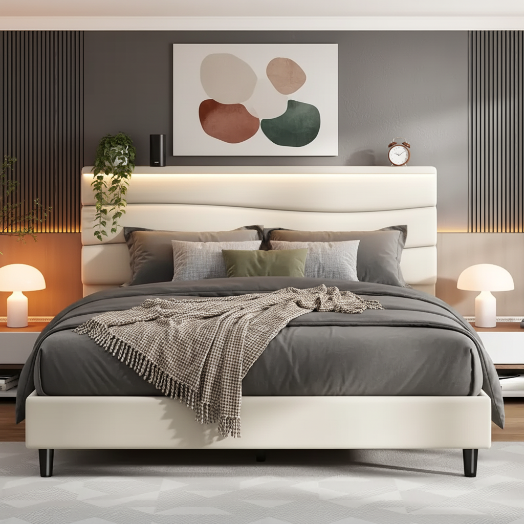Modern Upholstered Queen Bed with Charging Station