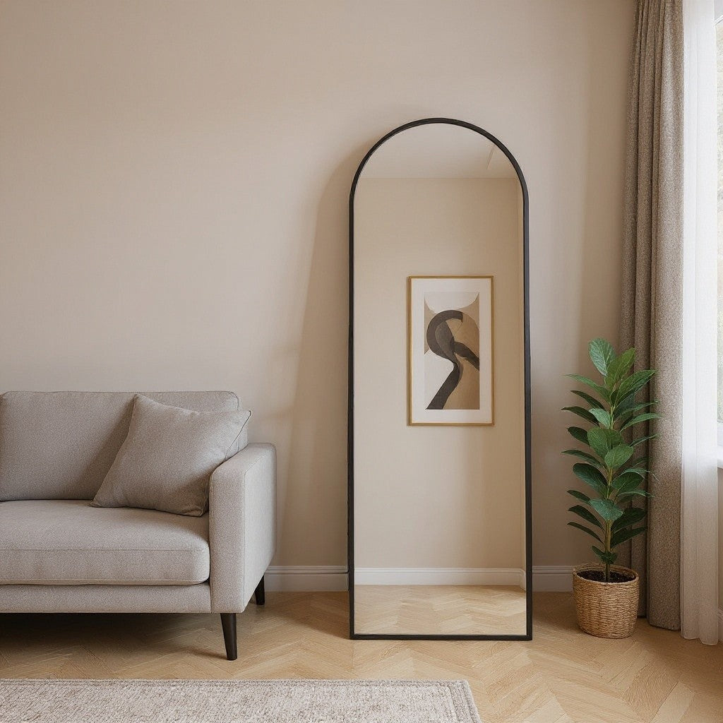 Arched Full Length Mirror – Black & Gold, Wall Mounted / Free Standing