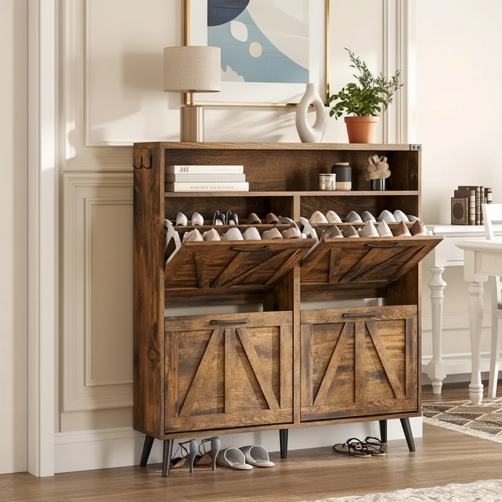 Modern 4-Compartment Tilt-Out Shoe Cabinet with Open Shelf – Multiple Finishes