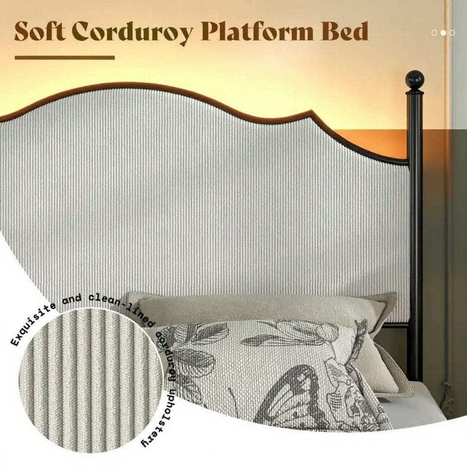 Queen Bed Frame with Corduroy Upholstered Headboard and RGB LED Lights