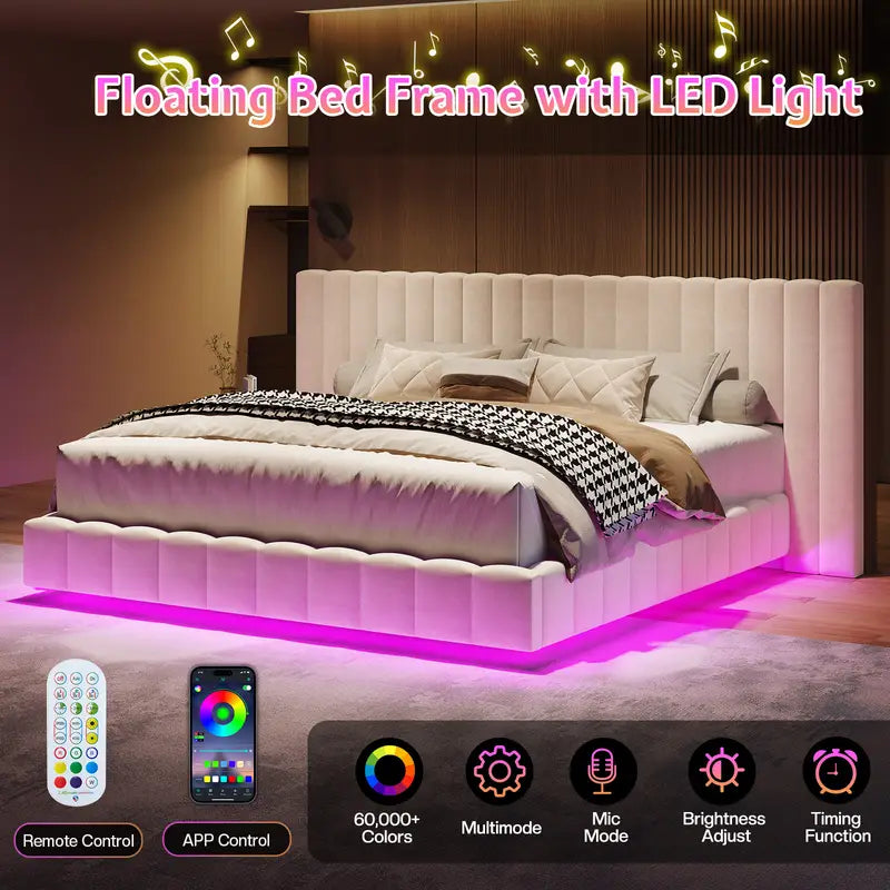 Modern Floating Upholstered Bed Frame with LED Lights