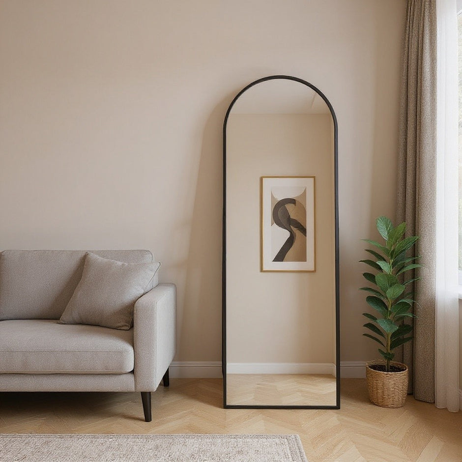 Arched Full Length Mirror – Black & Gold, Wall Mounted / Free Standing