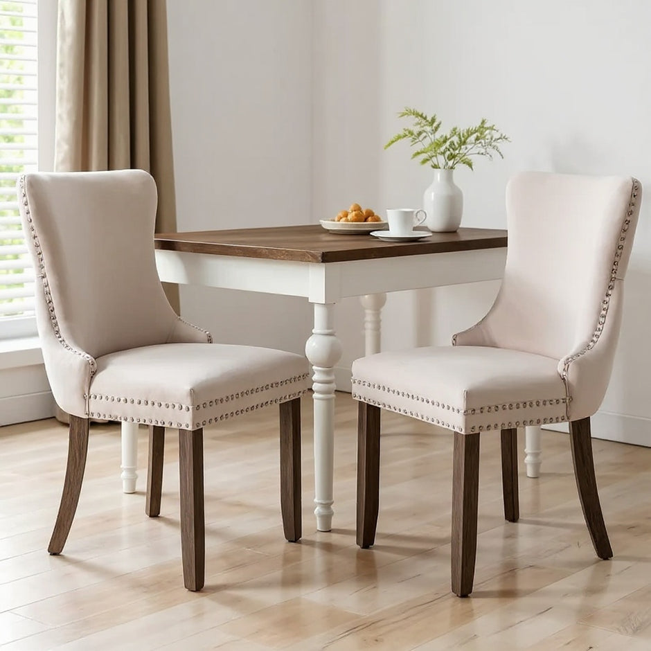 Velvet Dining Chairs with Button-Tufted Back, Solid Wood Legs – Set of 2