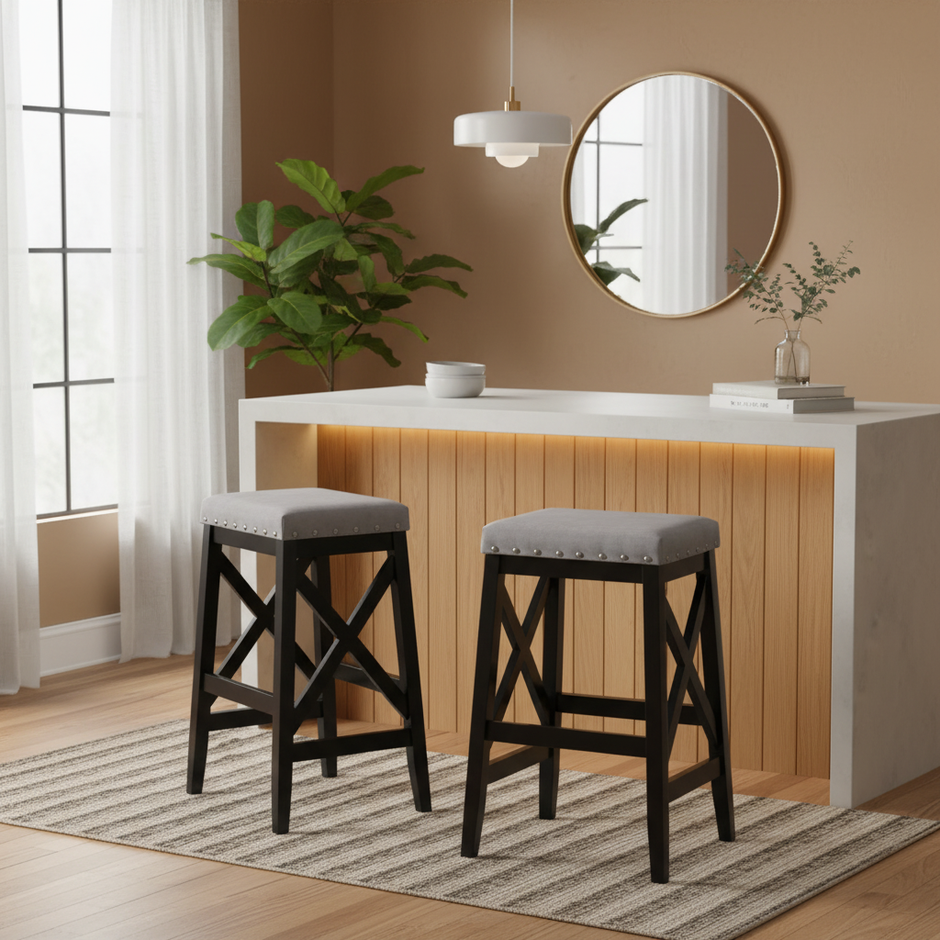 Set of 2 Upholstered Bar Stools with Nailhead Trim and Wooden Cross Back Legs – CozyVianno