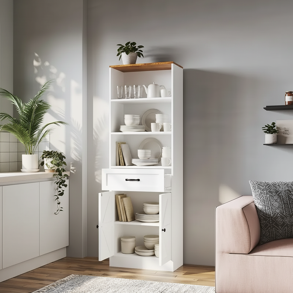 Tall White Farmhouse Bookshelf with Drawer and Double Door Cabinet