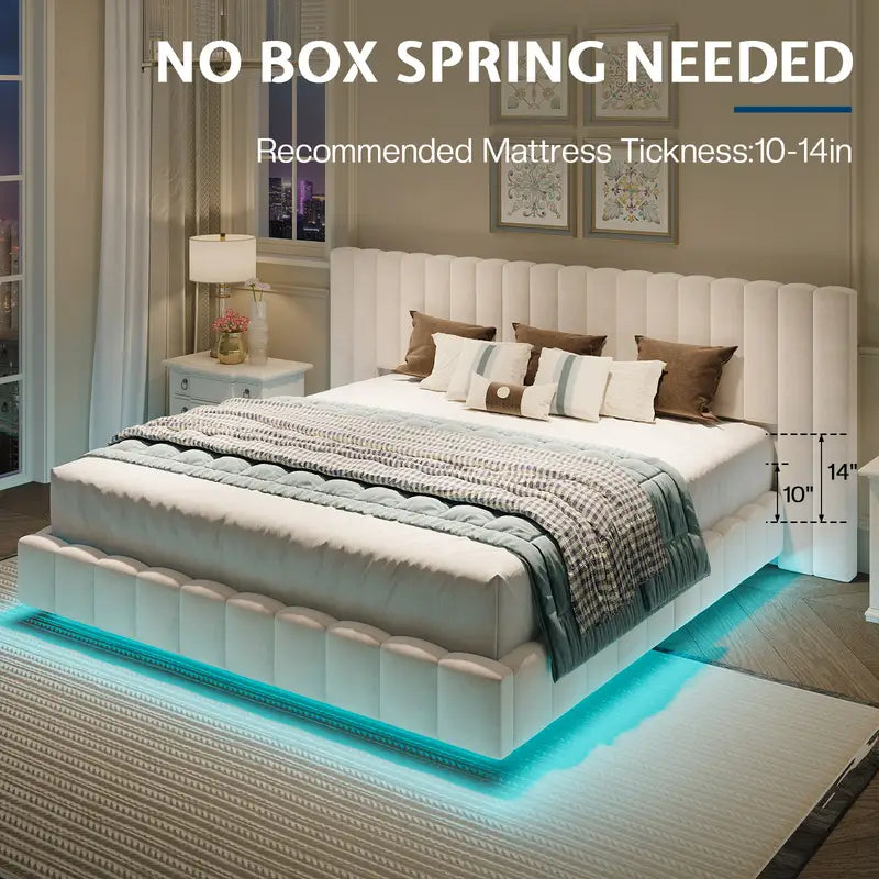 Modern Floating Upholstered Bed Frame with LED Lights