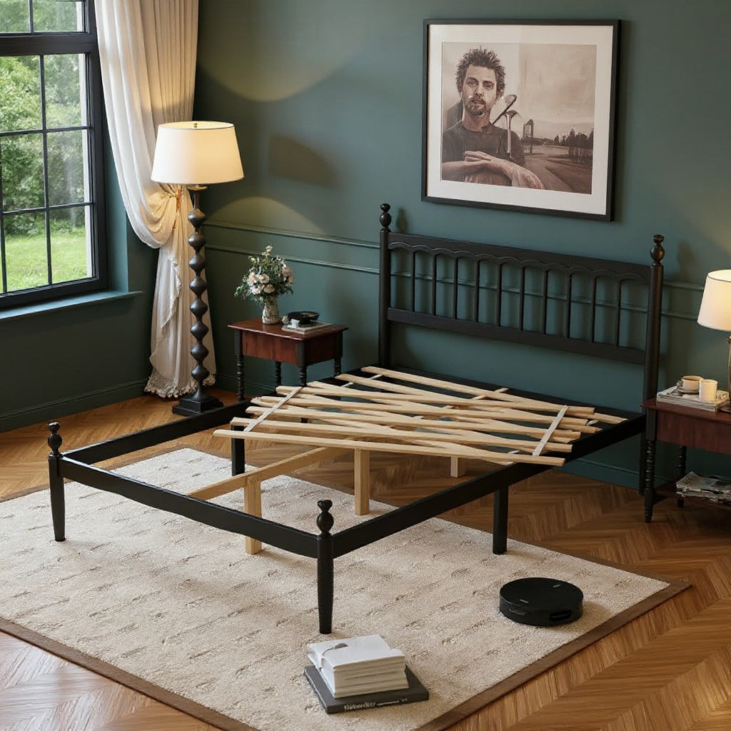 Classic Black Wooden Bed Frame with Headboard – Queen Size