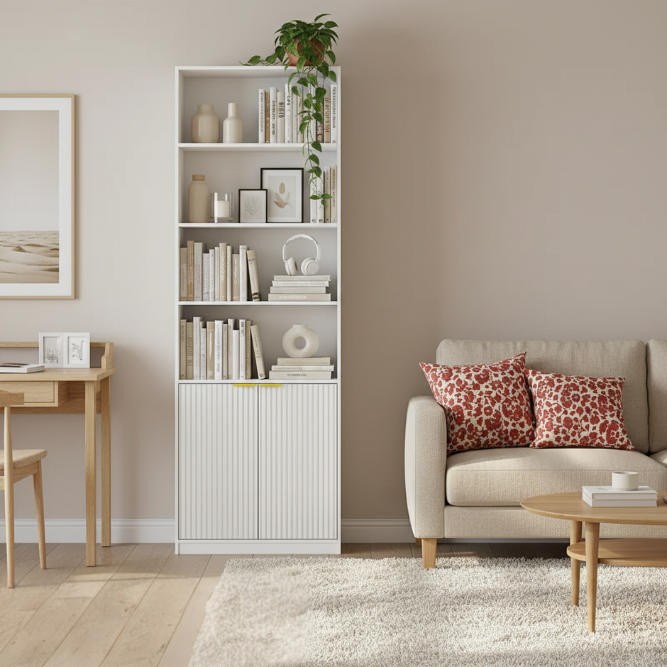 Tall Modern Storage Cabinet with Open Shelves and Slatted Doors – 72" Height