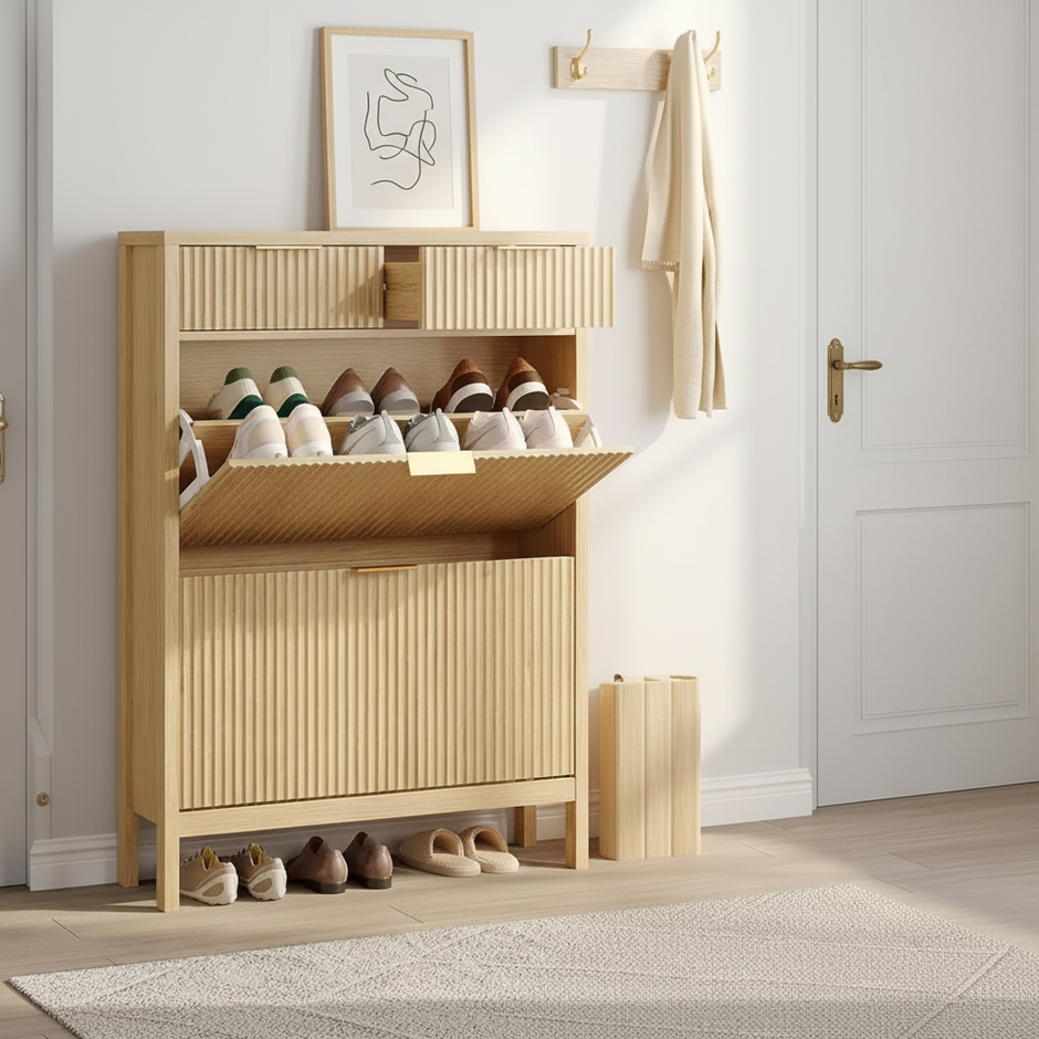 Modern Wooden Shoe Cabinet with Drawers and Tilt-Out Storage – Natural Oak Finish