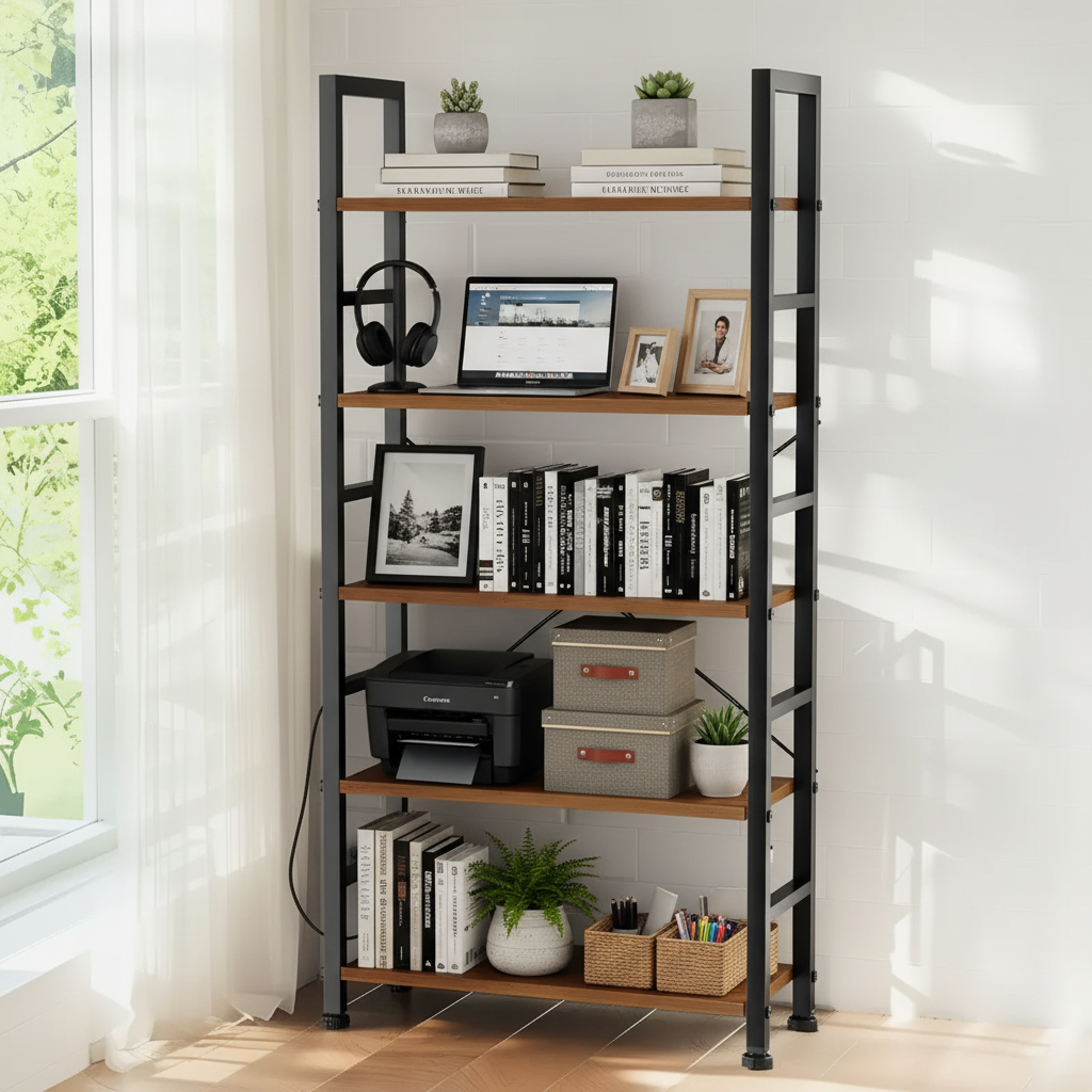 Industrial 5-Tier Metal & Wood Bookshelf with Adjustable Feet – Rustic Storage Rack