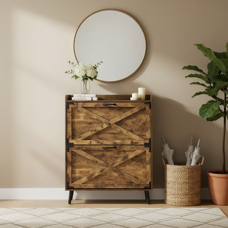 Farmhouse Shoe Cabinet with Flip Drawers – 2-Tier Storage Organizer, Rustic Style