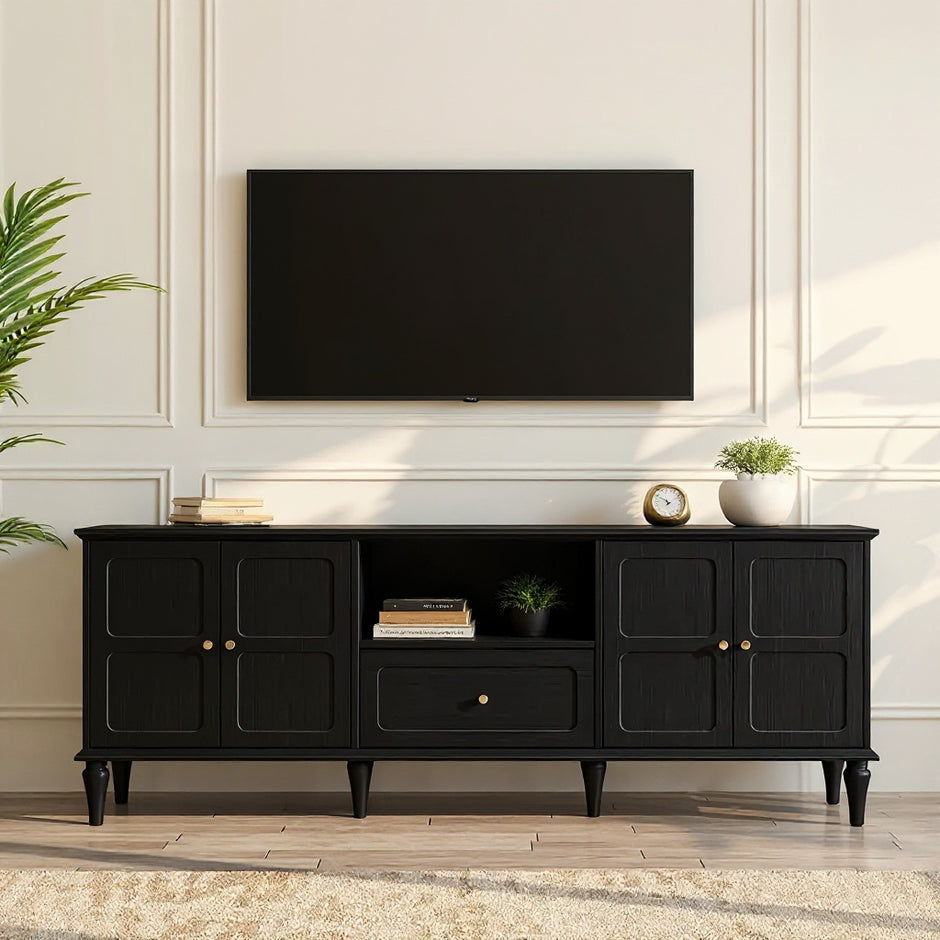 Modern Solid Wood TV Stand with Storage Cabinets & Drawer