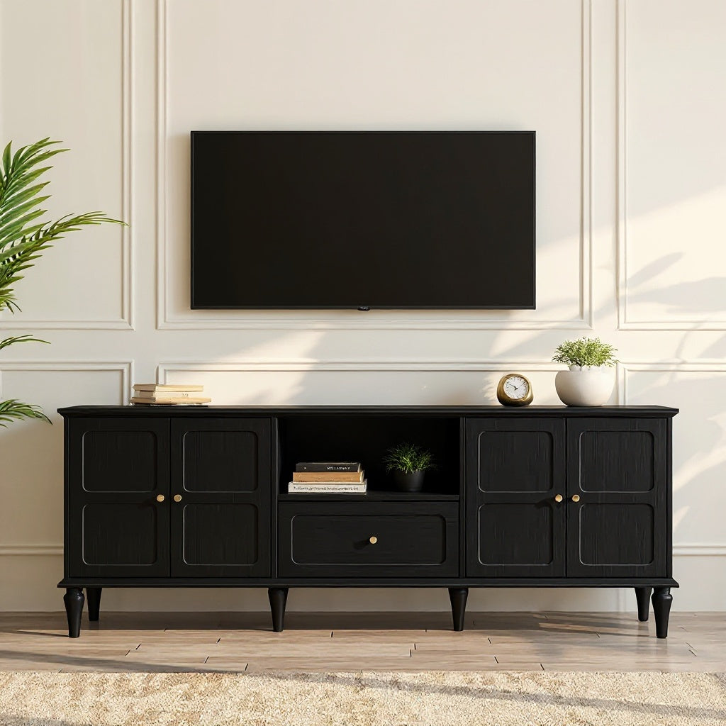 Modern Solid Wood TV Stand with Storage Cabinets & Drawer