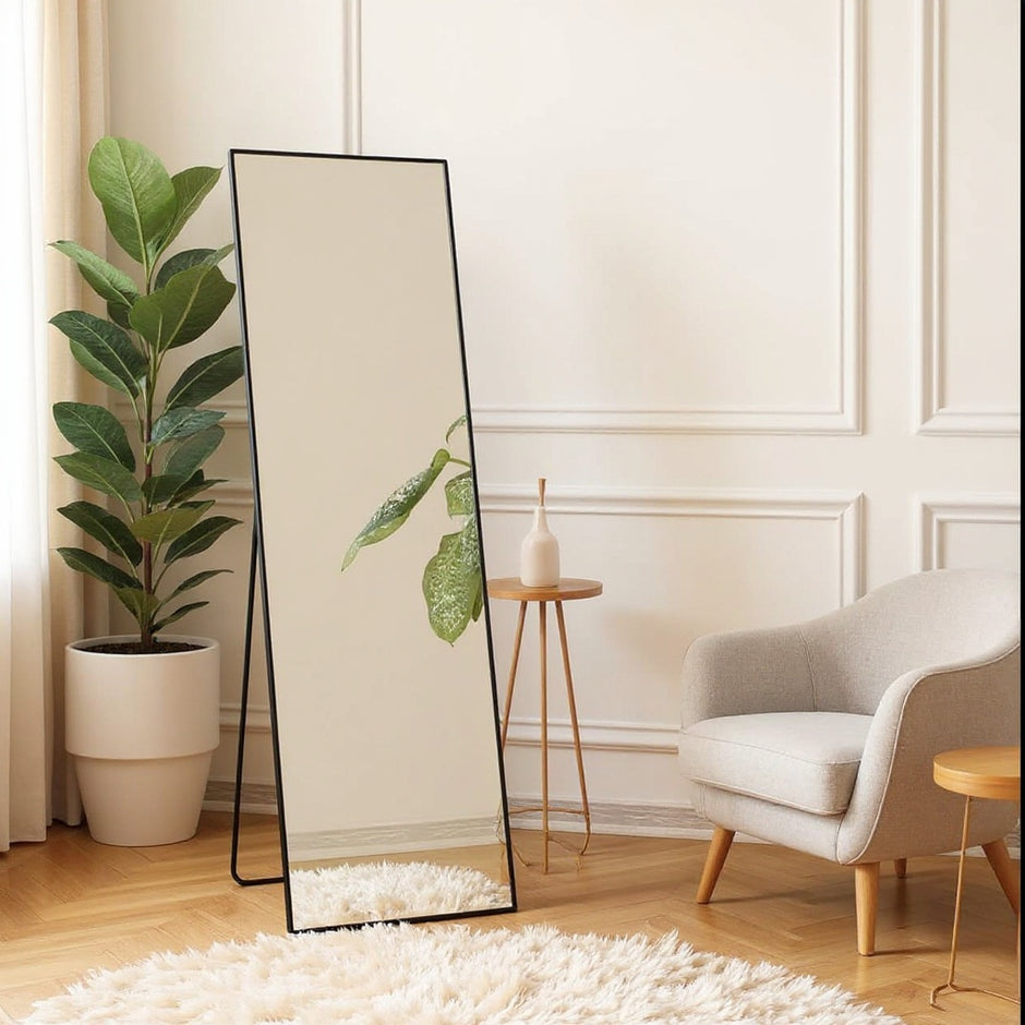 Full Rectangle Length Mirror 59"x16" – Black & Gold Frame | CozyVianno