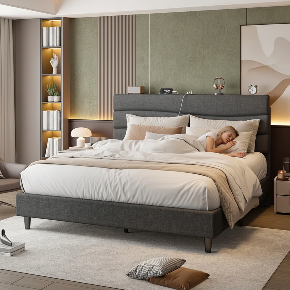 Modern Upholstered Queen Bed with Charging Station
