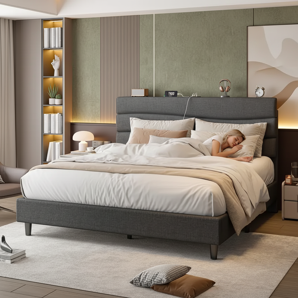 Modern Upholstered Queen Bed with Charging Station