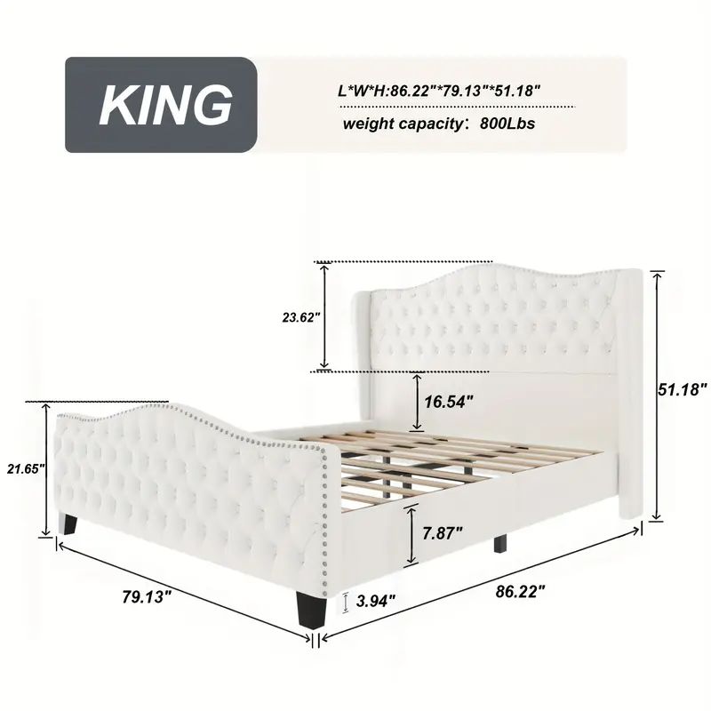 Tufted Upholstered Wingback Bed Frame with Nailhead Trim – King Size