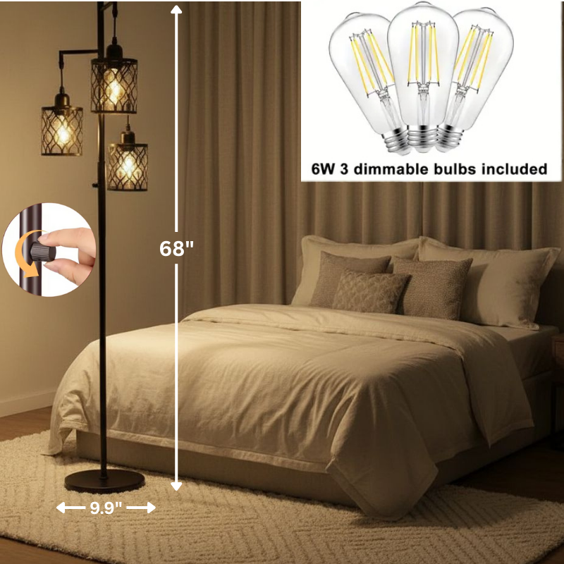 Industrial Floor Lamp with 3 Lights, Stepless Dimmable, Metal Shade