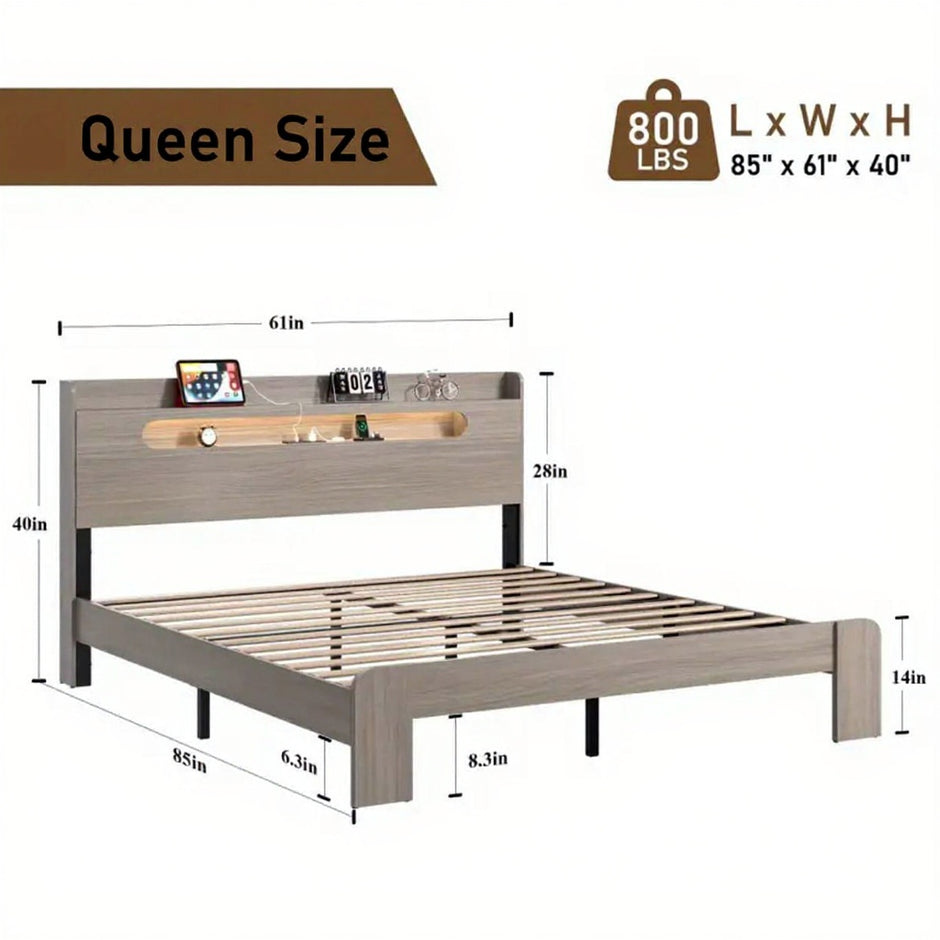 Queen Size Platform Bed with Storage Headboard Shelf – Modern Wood Frame