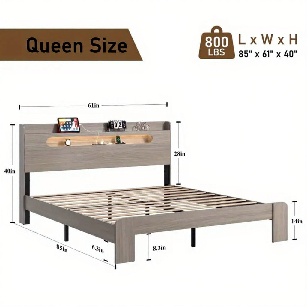 Queen Size Platform Bed with Storage Headboard Shelf – Modern Wood Frame