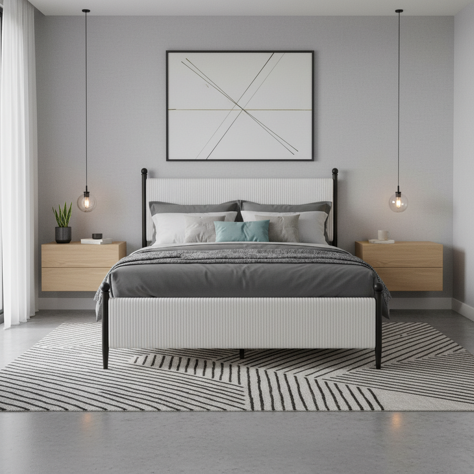 Modern Upholstered Platform Bed with Vertical Channel Headboard