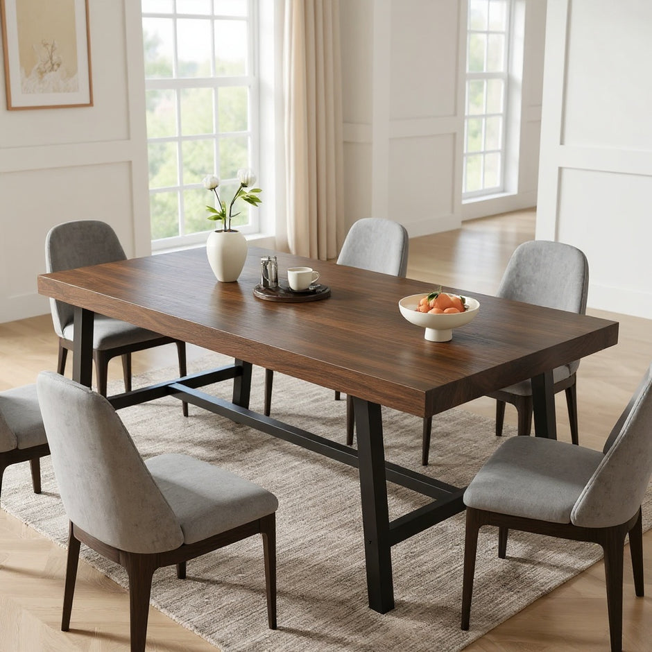 Industrial Wooden Dining Table with Black Metal Frame – 71" Rectangular