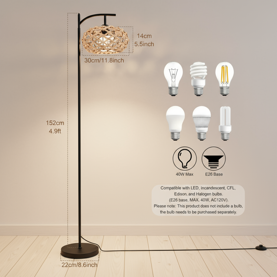 Boho Rattan Floor Lamp with Black Metal Base – 61” Tall