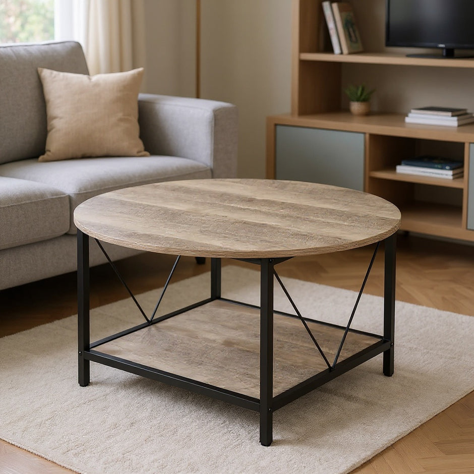 Round Industrial Coffee Table with Storage Shelf – Rustic Brown