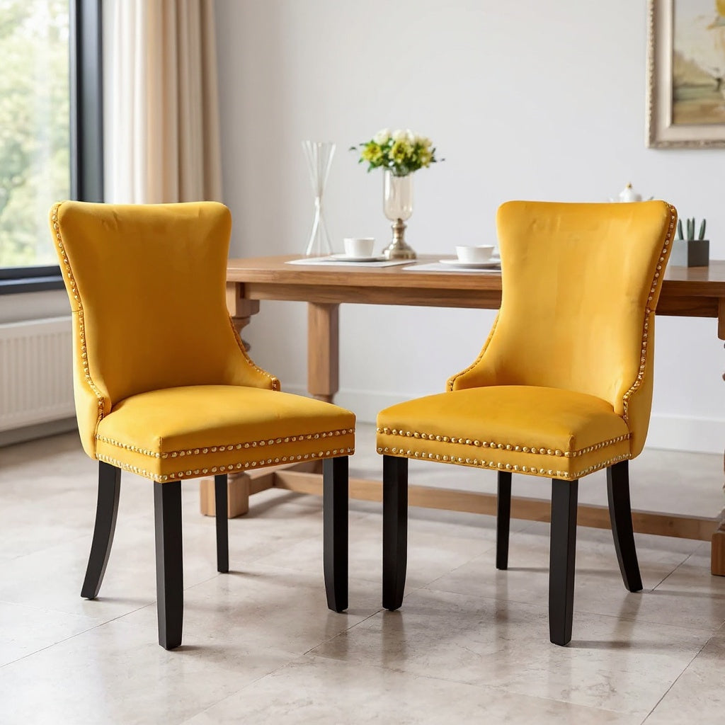Velvet Dining Chairs with Button-Tufted Back, Solid Wood Legs – Set of 2