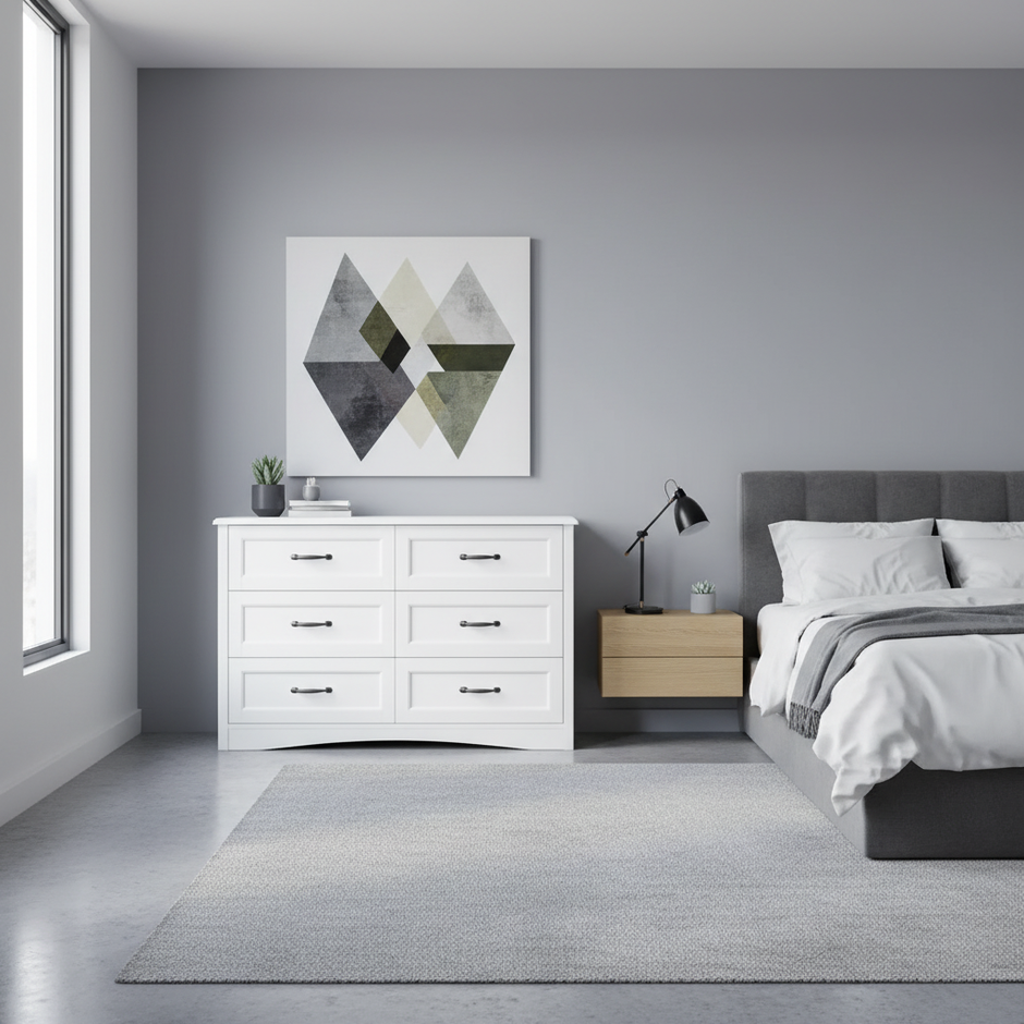 Modern 6-Drawer Dresser – White Wooden Storage Chest with Metal Handles